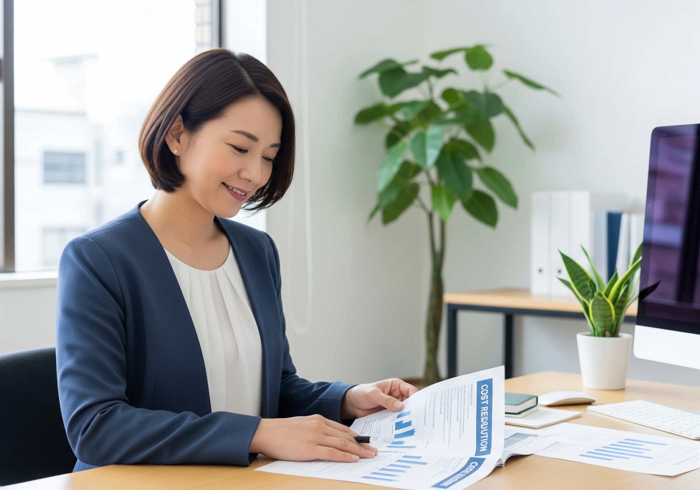 介護施設の本部担当者がコスト削減提案レポートを確認している様子